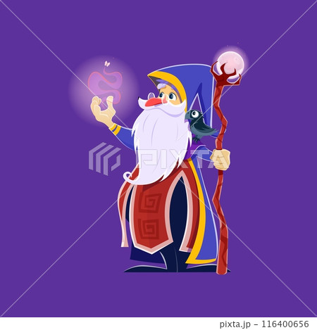 Cartoon Halloween wizard character. Old magician with staff casting spell. Merlin or Dumbledore fairytale personage with long white beard, wear long robe, pointed hat and raven sitting on shoulder 116400656