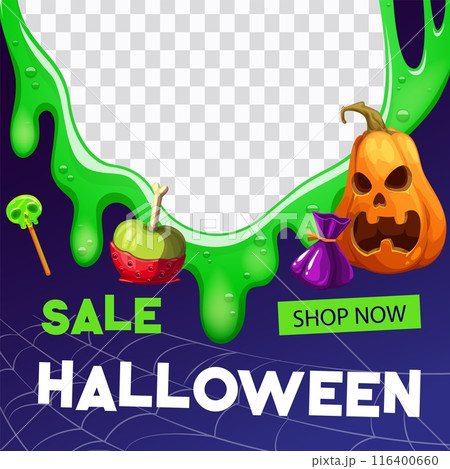 Halloween sale and offer banner, green slime frame. Halloween holiday shopping sale special offer advertising vector poster with pumpkin face, creepy dessert treats, spider cobweb and dripping slime Halloween sale and offer banner, green slime frame. Halloween holiday shopping sale special offer advertising vector poster with pumpkin face, creepy dessert treats, spider cobweb and dripping slime 116400660