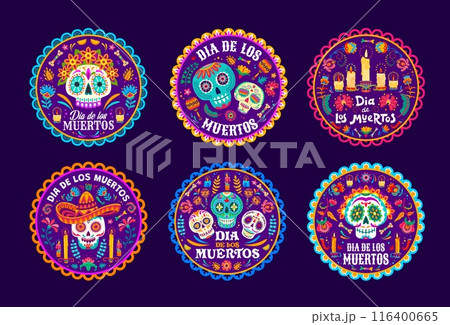 Day of the Dead labels with vector mexican Halloween sugar skulls and marigold flowers, sombrero hats, candles and maracas. Dia de los Muertos death carnival Catrina Calavera skeletons round tags 116400665