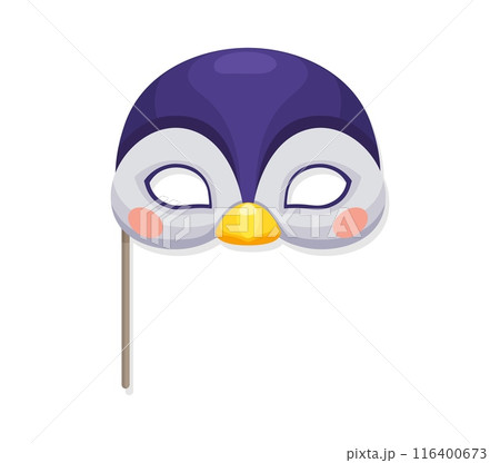 Penguin mask, kids birthday party carnival costume for masquerade festival, vector animal face. Cartoon funny penguin muzzle mask on stick for children birthday party and happy zoo costume props 116400673