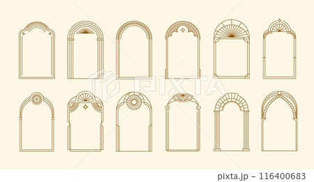 Art deco arch frames with vector borders of gold line geometric pattern. Luxury golden arches with elegant ornaments of geometric shapes, stars, eye and sun. Vintage art deco frame borders set 116400683