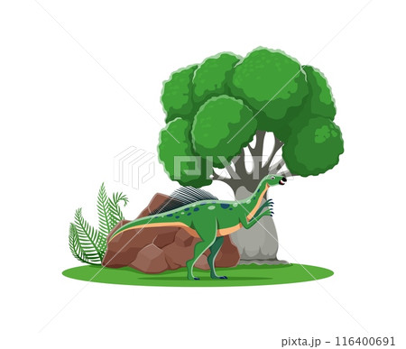 Wannasaurus prehistoric cartoon dinosaur. Vector green dino with blue spots and long neck standing at lush landscape with a large tree, ferns and a brown rock. Playful, vibrant ancient reptile animal Wannasaurus prehistoric cartoon dinosaur. Vector green dino with blue spots and long neck standing at lush landscape with a large tree, ferns and a brown rock. Playful, vibrant ancient reptile animal 116400691