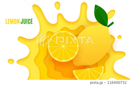 Paper cut lemon fresh juice drink with splash for fruit lemonade advertising poster, vector background. Lemon whole and half slice cut in paper cut yellow juice splashing drops for citrus soda package 116400732