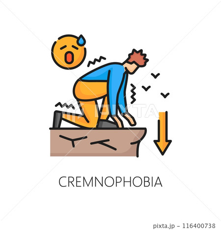 Human phobia icon of cremnophobia or fear of falling from cliff height, vector color line. Mental health and psychology problems or mind disorder icon of cremnophobia phobia or fear and panic Human phobia icon of cremnophobia or fear of falling from cliff height, vector color line. Mental health and psychology problems or mind disorder icon of cremnophobia phobia or fear and panic 116400738