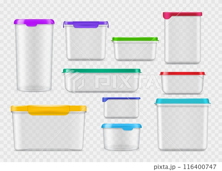 Realistic plastic food containers, transparent boxes vector mockups of 3d food packages with color lids. Clear plastic containers, round bucket, cup, jar and pot, rectangular lunchbox, bowl and box Realistic plastic food containers, transparent boxes vector mockups of 3d food packages with color lids. Clear plastic containers, round bucket, cup, jar and pot, rectangular lunchbox, bowl and box 116400747