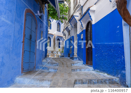 Narrow alleys with stairs are attractive to tourists, old vine trees. Morocco. 116400957