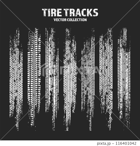 Grunge tire tracks, wheel braking marks. Truck, car or motorcycle tread pattern silhouettes. Auto race, motorsport, speed racing design element. Vector illustration Grunge tire tracks, wheel braking marks. Truck, car or motorcycle tread pattern silhouettes. Auto race, motorsport, speed racing design element. Vector illustration 116401042