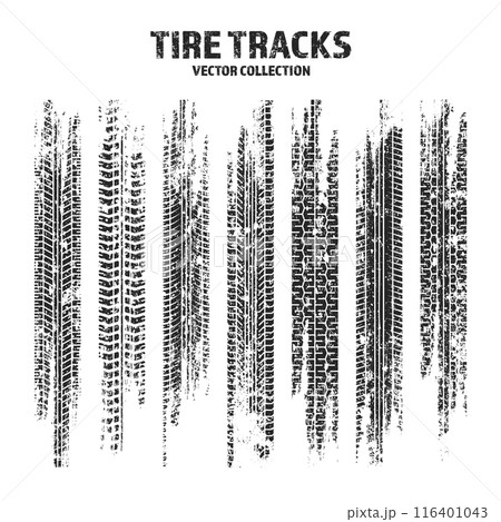 Grunge tire tracks, wheel braking marks. Truck, car or motorcycle tread pattern silhouettes. Auto race, motorsport, speed racing design element. Vector illustration Grunge tire tracks, wheel braking marks. Truck, car or motorcycle tread pattern silhouettes. Auto race, motorsport, speed racing design element. Vector illustration 116401043