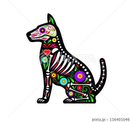 Mexican dog animal tattoo, day of the dead sugar skull pet. Isolated vector Dia de los muertos puppy shape with vibrant floral motifs and bones symbolizing remembrance and celebration of deceased dogs Mexican dog animal tattoo, day of the dead sugar skull pet. Isolated vector Dia de los muertos puppy shape with vibrant floral motifs and bones symbolizing remembrance and celebration of deceased dogs 116401046