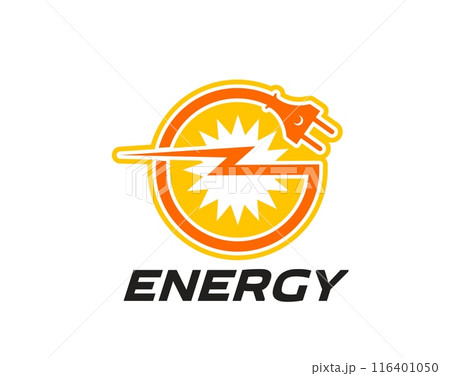Electric energy icon featuring a stylized electric plug and burst symbol in shades of yellow and orange. Vector vibrant emblem conveys power for energy companies or industries, electricity companies Electric energy icon featuring a stylized electric plug and burst symbol in shades of yellow and orange. Vector vibrant emblem conveys power for energy companies or industries, electricity companies 116401050