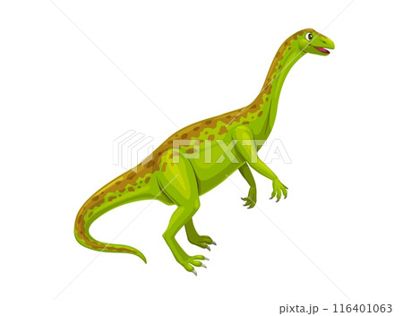 Cartoon anchisaurus dinosaur character of early jurassic period. Cute dino animal vector personage with long neck and spotted skin. Prehistoric era forest dinosaur, funny fossil green lizard raptor Cartoon anchisaurus dinosaur character of early jurassic period. Cute dino animal vector personage with long neck and spotted skin. Prehistoric era forest dinosaur, funny fossil green lizard raptor 116401063