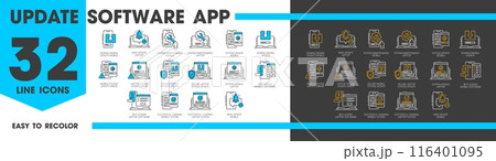 Update software app line icons, maintenance and download outline symbols vector set, represent various aspects of software updating such as loading, installation, refresh, buy license, error, settings 116401095
