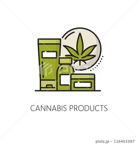 Medical cannabis color line icon, cbd and marijuana, weed extract. Vector linear symbol features range of thc health production. Green leaf, medicine bottle, cream jar, oil, cosmetics or tinctures Medical cannabis color line icon, cbd and marijuana, weed extract. Vector linear symbol features range of thc health production. Green leaf, medicine bottle, cream jar, oil, cosmetics or tinctures 116401097