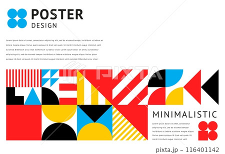 Abstract geometric modern business poster. Vector background or cover template with retro minimal shapes and bold graphic forms in vibrant contrasting colors of red, blue, yellow, white and black Abstract geometric modern business poster. Vector background or cover template with retro minimal shapes and bold graphic forms in vibrant contrasting colors of red, blue, yellow, white and black 116401142