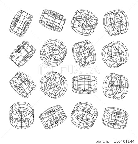 Wireframe lined shapes. Perspective mesh, 3d grid. Low poly geometric elements. Retro futuristic design elements, y2k, vaporwave and synthwave style. Vector illustration 116401144