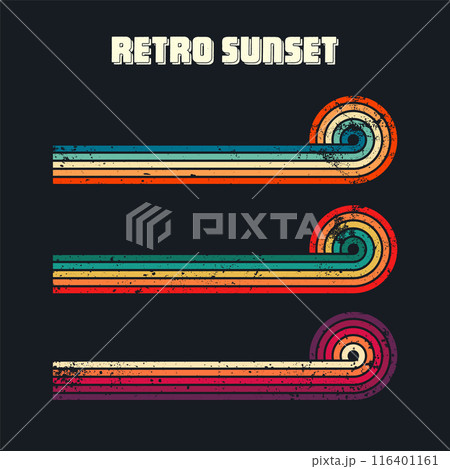 Grunge horizontal vintage sunsets. Various colorful striped sunrise badges in 80s and 90s style. Sun and ocean view, summer vibes, surfing. Design element, print, logo or t-shirt. Vector illustration 116401161