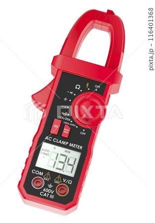 Red Digital Clamp Meter Multimeter, 3D rendering Red Digital Clamp Meter Multimeter, 3D rendering 116401368