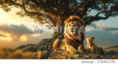 lion with lioness, cubs lie near tree in African savannah, family of carnivorous predators. lion with lioness, cubs lie near tree in African savannah, family of carnivorous predators. 116401376