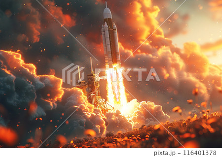 space rocket takes off from cosmodrome in fire, smoke. Launch of scientific technological apparatus into space. space rocket takes off from cosmodrome in fire, smoke. Launch of scientific technological apparatus into space. 116401378