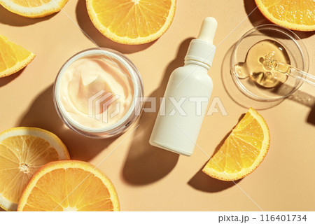 Natural fruit acid and vitamin C skin care products and citrus slices Natural fruit acid and vitamin C skin care products and citrus slices 116401734