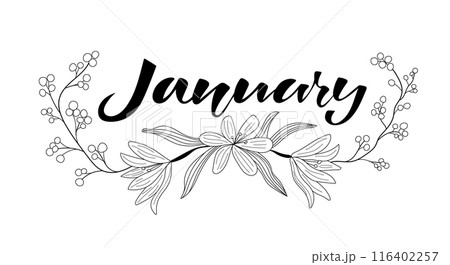 January lettering. January month vector with flowers and leaves. 116402257