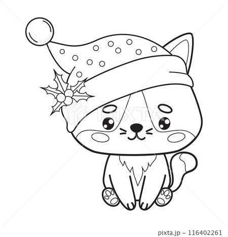 Cute Christmas cat in Santa hat. Festive New Year outline cartoon kawaii animal. Line drawing, coloring book. Vector illustration. Kids collection. Cute Christmas cat in Santa hat. Festive New Year outline cartoon kawaii animal. Line drawing, coloring book. Vector illustration. Kids collection. 116402261
