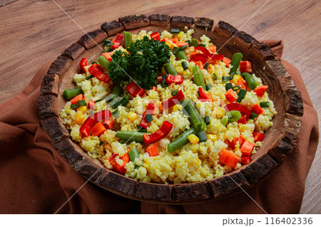 couscous with vegetables, paprika, carrots, string beans, corn, homemade, top view, no people, couscous with vegetables, paprika, carrots, string beans, corn, homemade, top view, no people, 116402336