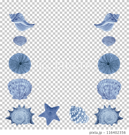 Shell frame monochrome in blue watercolor hand-drawn isolated on white. High quality illustration for notebooks, cards, posters, restaurant menu, souvenirs, stickers, tourism ads, dishes, room decor 116402356