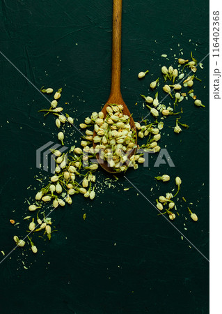 Jasmine flowers, wooden spoon, dry, herbal, tea, top view, no people, Jasmine flowers, wooden spoon, dry, herbal, tea, top view, no people, 116402368