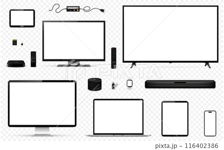Set mockups of technology devices with empty display isolated on transparent background 116402386