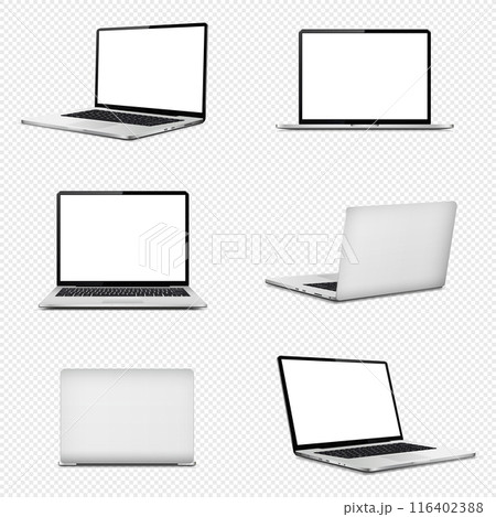 Realistic laptop mockup with blank screen isolated on transparent background. Laptop computer mockup different angles views. 116402388