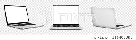 Laptop computer with white screen, front and rear view isolated on transparent background 116402390