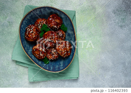 Tsukune, Japanese meatballs, minced chicken, fried on a skewer, with yakitori sauce, homemade, Tsukune, Japanese meatballs, minced chicken, fried on a skewer, with yakitori sauce, homemade, 116402393