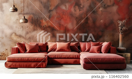 A cozy Modern Rustic Living Room with red sofa and abstract decor, creating a comfortable and elegant space 116402560