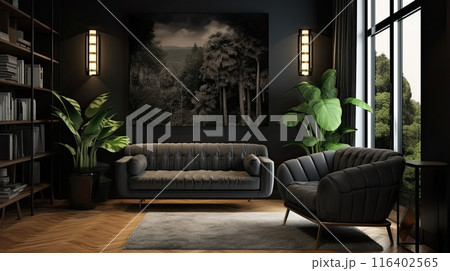 Dark living room interior with luxury gray sofa 116402565