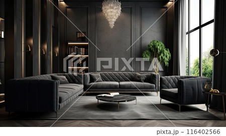 Dark living room interior with luxury gray sofa 116402566