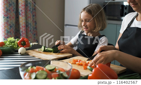 Mother and young daughter preparing fresh salad together, cutting cucumbers an bell peppers on a cutting board 116402567