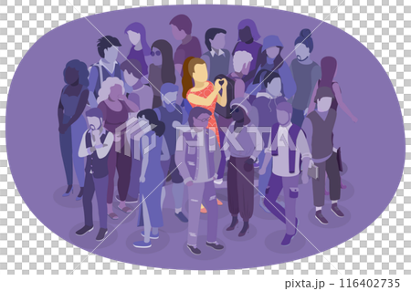 3D Isometric Flat  Illustration of Happy Girl In Crowd, Cheerful Young Girl 116402735