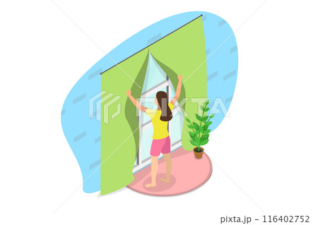 3D Isometric Flat  Illustration of Morning View, Woman Opening her Room Windows 116402752