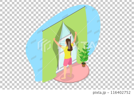 3D Isometric Flat  Illustration of Morning View, Woman Opening her Room Windows 116402752