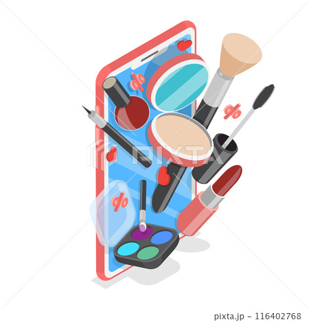 3D Isometric Flat Illustration of Cosmetic Online Store, Buying Beauty Products with Mobile App 3D Isometric Flat Illustration of Cosmetic Online Store, Buying Beauty Products with Mobile App 116402768