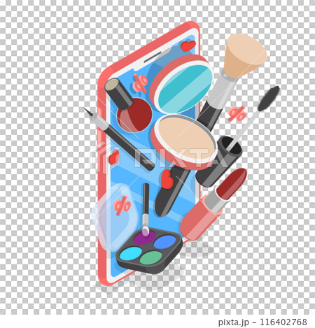 3D Isometric Flat Illustration of Cosmetic Online Store, Buying Beauty Products with Mobile App 3D Isometric Flat Illustration of Cosmetic Online Store, Buying Beauty Products with Mobile App 116402768