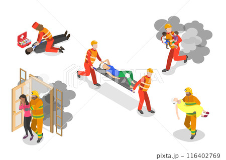 3D Isometric Flat Set of Rescue Services, First Aid Sssistance for Drowning and Fire Victims 3D Isometric Flat Set of Rescue Services, First Aid Sssistance for Drowning and Fire Victims 116402769