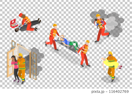 3D Isometric Flat  Set of Rescue Services, First Aid Sssistance for Drowning and Fire Victims 116402769