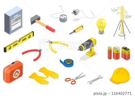 3D Isometric Flat  Set of Professional Electrician Tools, Electric Appliances 116402771