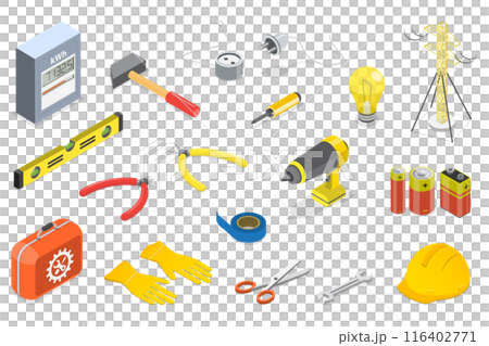 3D Isometric Flat  Set of Professional Electrician Tools, Electric Appliances 116402771