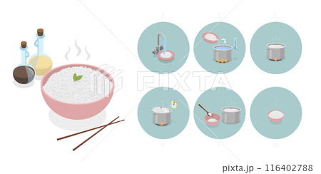 3D Isometric Flat Illustration of Cooking Rice Instructions, Food Preparation 3D Isometric Flat Illustration of Cooking Rice Instructions, Food Preparation 116402788