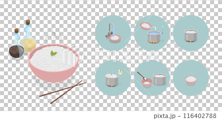 3D Isometric Flat Illustration of Cooking Rice Instructions, Food Preparation 3D Isometric Flat Illustration of Cooking Rice Instructions, Food Preparation 116402788