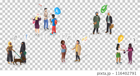 3D Isometric Flat  Illustration of Language Knowledge Skills And Racial Respect , Multiethnic Student Community 116402791