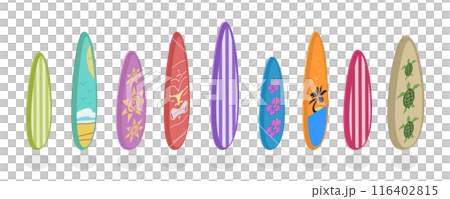 3D Isometric Flat  Set of Surfboards, Extreme Activity Equipment 116402815